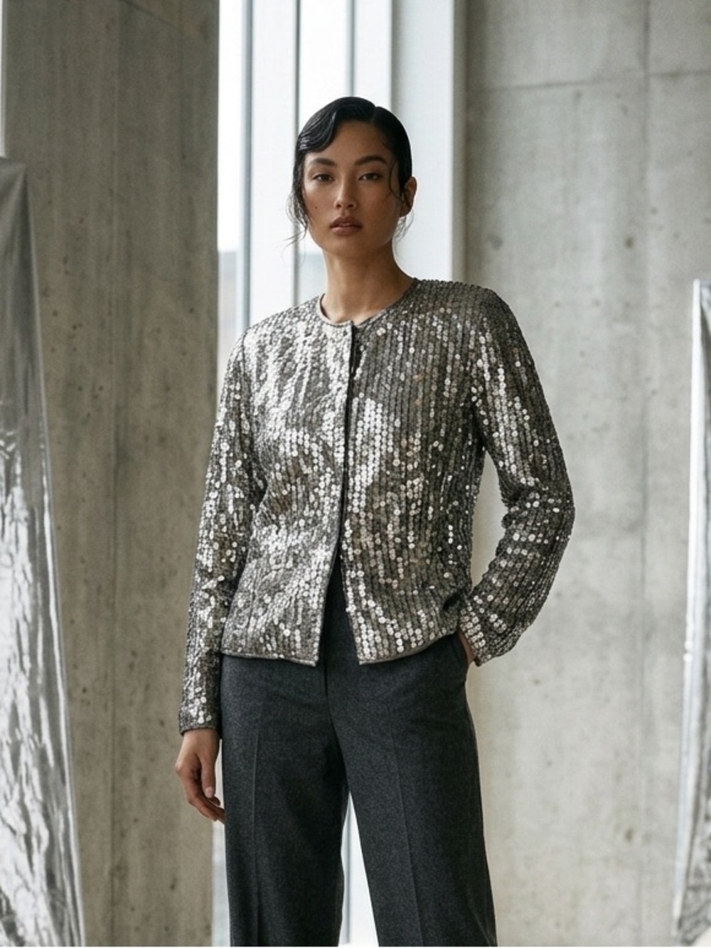 Vintage 80s Mariola Silver Metallic Sequin Jacket | M Glamour